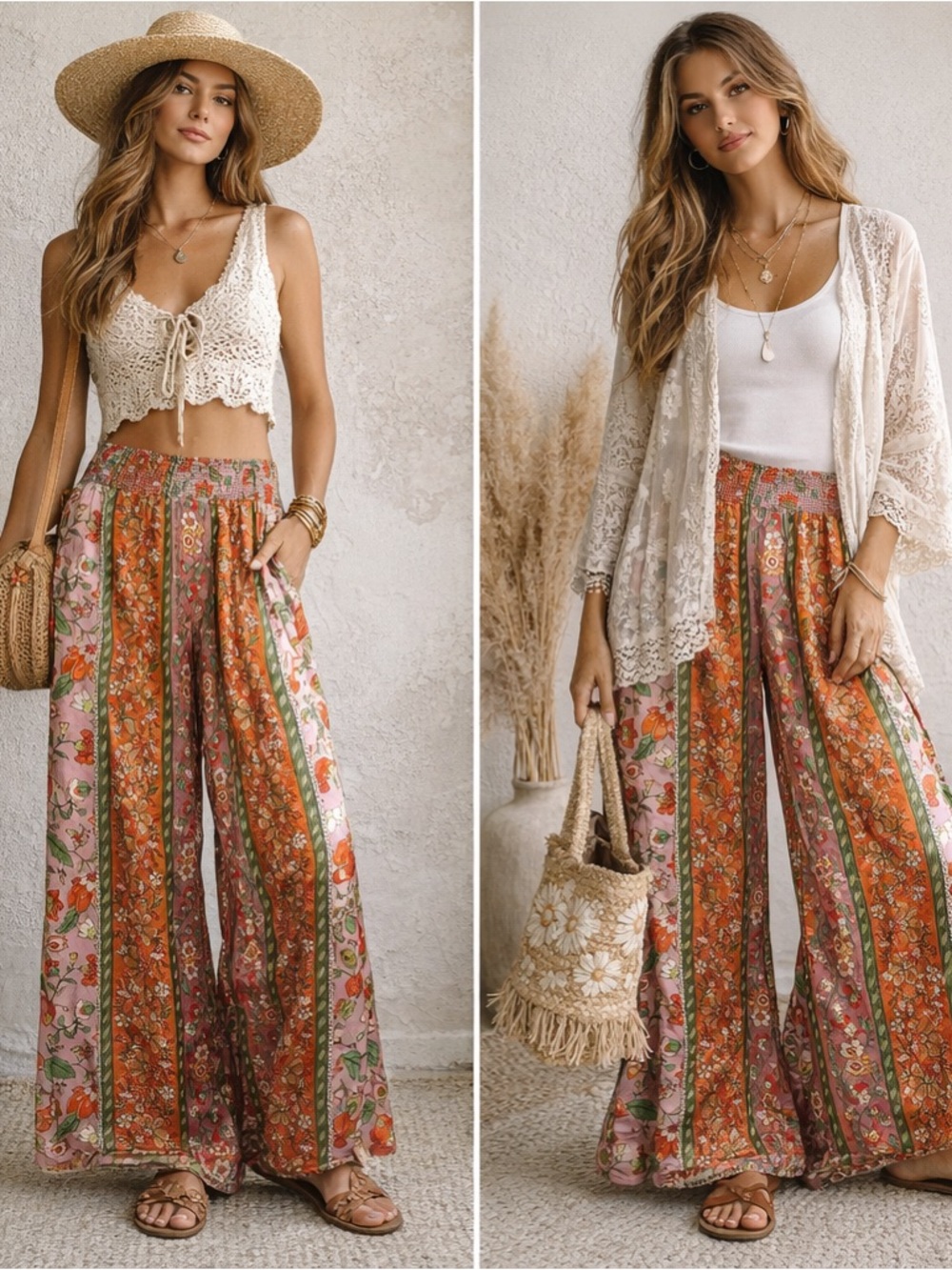 House of Harlow 1960 Orange & Pink Floral Wide-Leg Pants